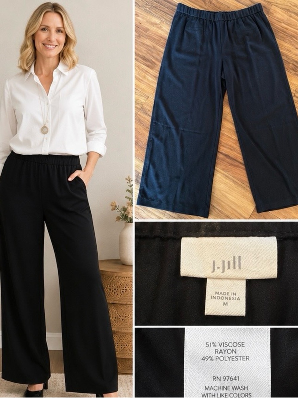 J.Jill Black Wide Leg Pull-On Pants Size Medium Stretch Career Casual